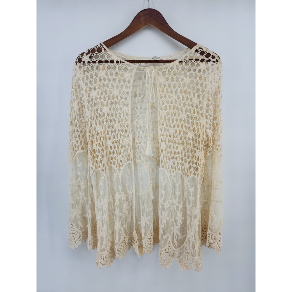 Umgee Cream Crochet Lace Tassel‎ Tie Front Cardigan Sheer Boho Kimono Top Small